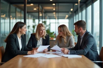 Réunion professionnelle mixte autour d'une table de conférence moderne illustrant l'égalité homme-femme en entreprise