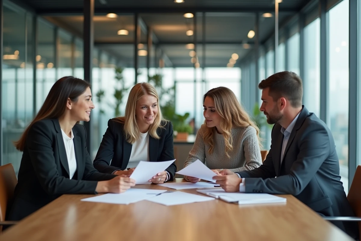 Réunion professionnelle mixte autour d'une table de conférence moderne illustrant l'égalité homme-femme en entreprise