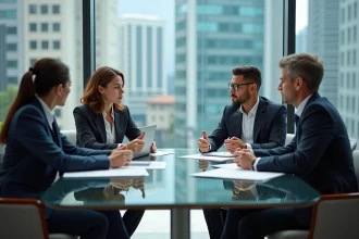 Équipe multiculturelle en réunion d'entreprise avec des expressions de désaccord autour d'une table de conférence moderne