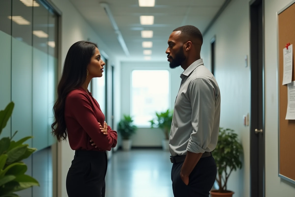 Deux collègues de cultures différentes dans un couloir de bureau avec un langage corporel témoignant d'une tension interpersonnelle