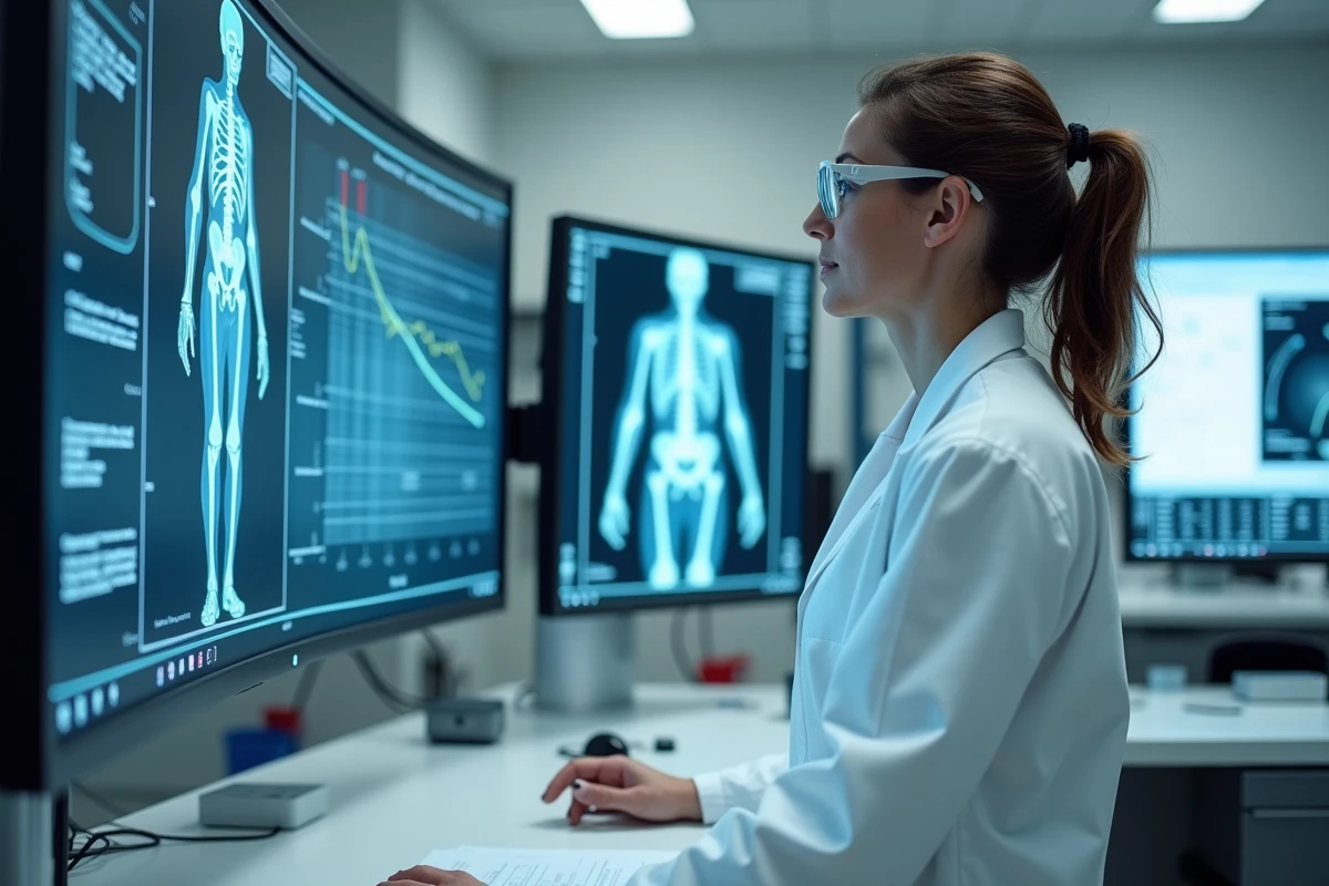 Scientifique analysant des données médicales sur les risques physiologiques d'un voyage vers Mars en laboratoire