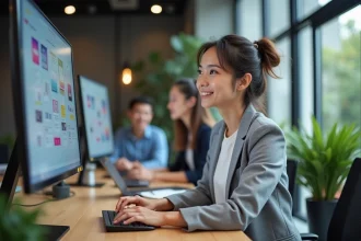 Designer UI femme analysant des maquettes d'interface sur un écran d'ordinateur dans un bureau moderne