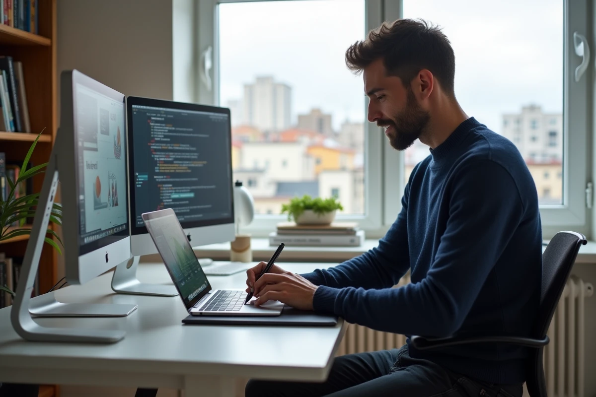 Designer UI homme travaillant en freelance sur des interfaces graphiques avec une tablette et un ordinateur portable