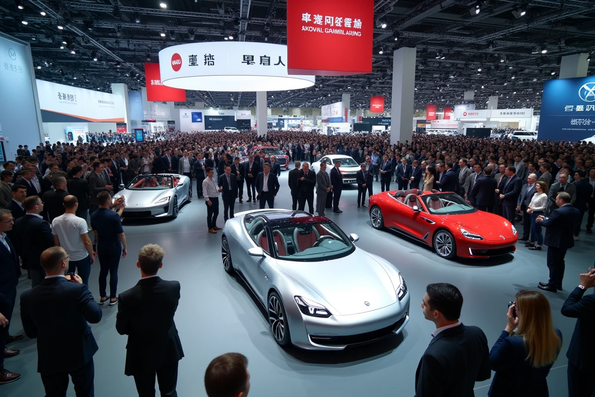 Salon de l'automobile international animé avec des visiteurs inspectant des voitures de luxe sur des podiums rotatifs