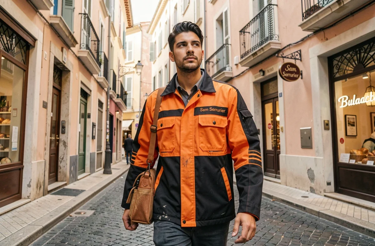 Serrurier Sam Serrurier Nice marchant dans une rue du centre-ville de Nice avec son sac d'outils professionnel