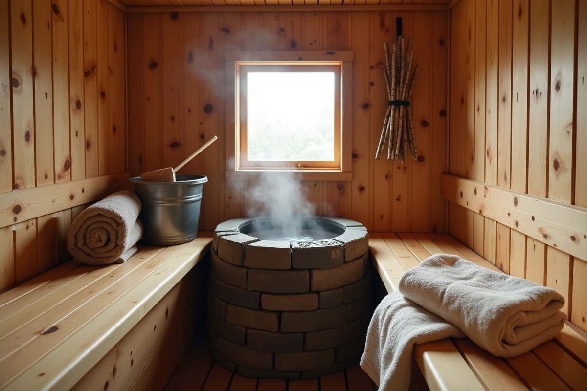 Intérieur authentique d'un sauna finlandais traditionnel en bois de pin avec un poêle à pierres et une fenêtre givrée