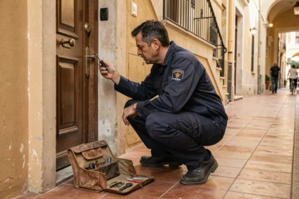Serrurier professionnel en intervention d'urgence dans le couloir d'un immeuble résidentiel à Nice