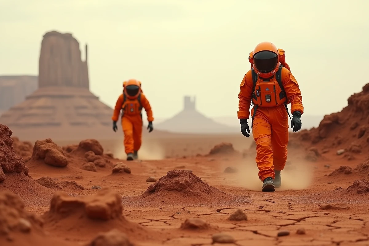 Deux astronautes en combinaison de simulation traversant un terrain désertique hostile évoquant la surface de Mars