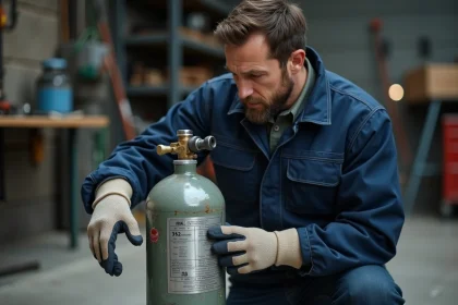 Soudeur professionnel examinant une bouteille de gaz pour soudage à l'arc dans un atelier industriel