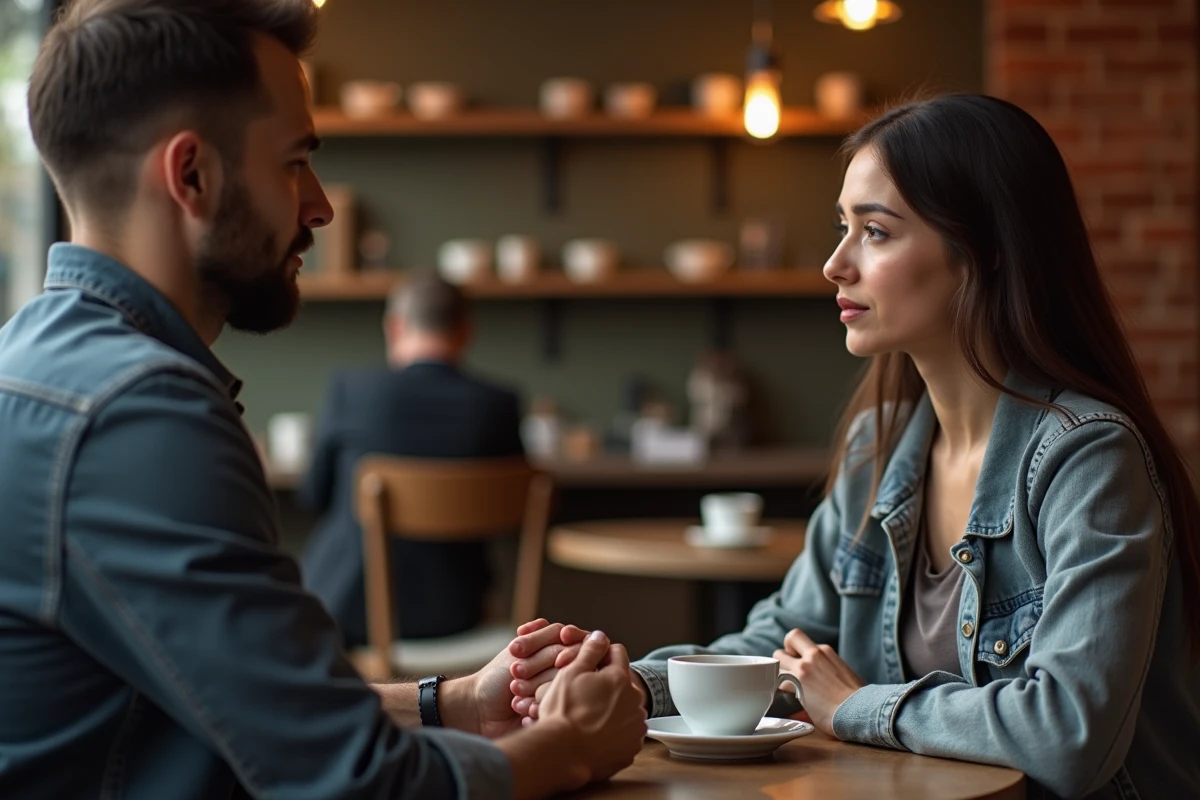 Un homme à l'écoute d'une amie émue lors d'une conversation sincère dans un café aux murs en briques apparentes