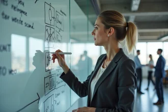 Femme d'affaires présentant une stratégie d'entreprise sur un tableau blanc dans un bureau moderne