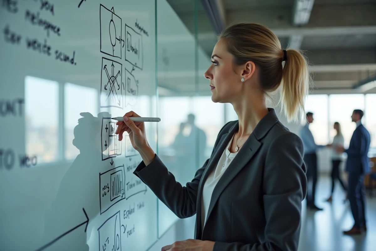 Femme d'affaires présentant une stratégie d'entreprise sur un tableau blanc dans un bureau moderne