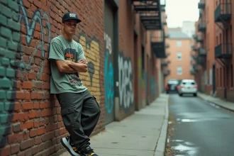 Jeune homme en tenue streetwear des années 90 avec cargo baggy et sneakers chunky, appuyé contre un mur tagué dans un quartier urbain de style New York
