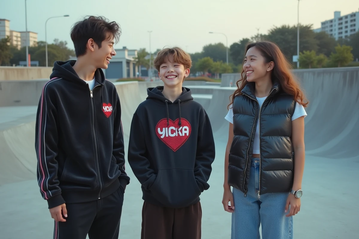 Groupe de jeunes en tenue streetwear Y2K années 2000 avec survetement velours et hoodie logotypé sur une place de skateboard béton
