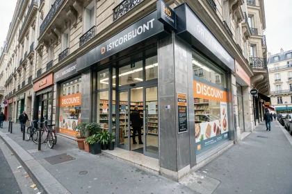 Façade d'un supermarché discount dans le 20e arrondissement de Paris avec des clients à l'entrée