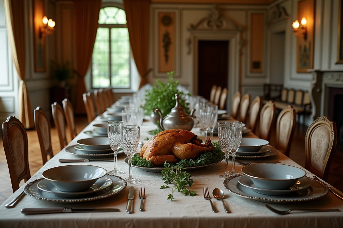 Table de banquet française du XVIIIe siècle dressée avec des plats raffinés dans un salon à décor d'époque, illustrant les origines de la gastronomie