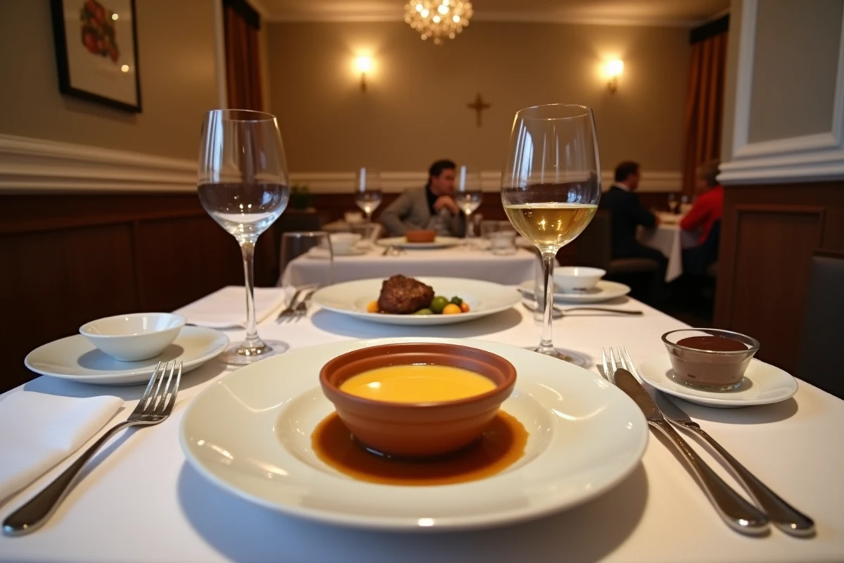 Table de restaurant gastronomique avec un menu dégustation complet dressé sur nappe blanche avec vaisselle en porcelaine peinte à la main