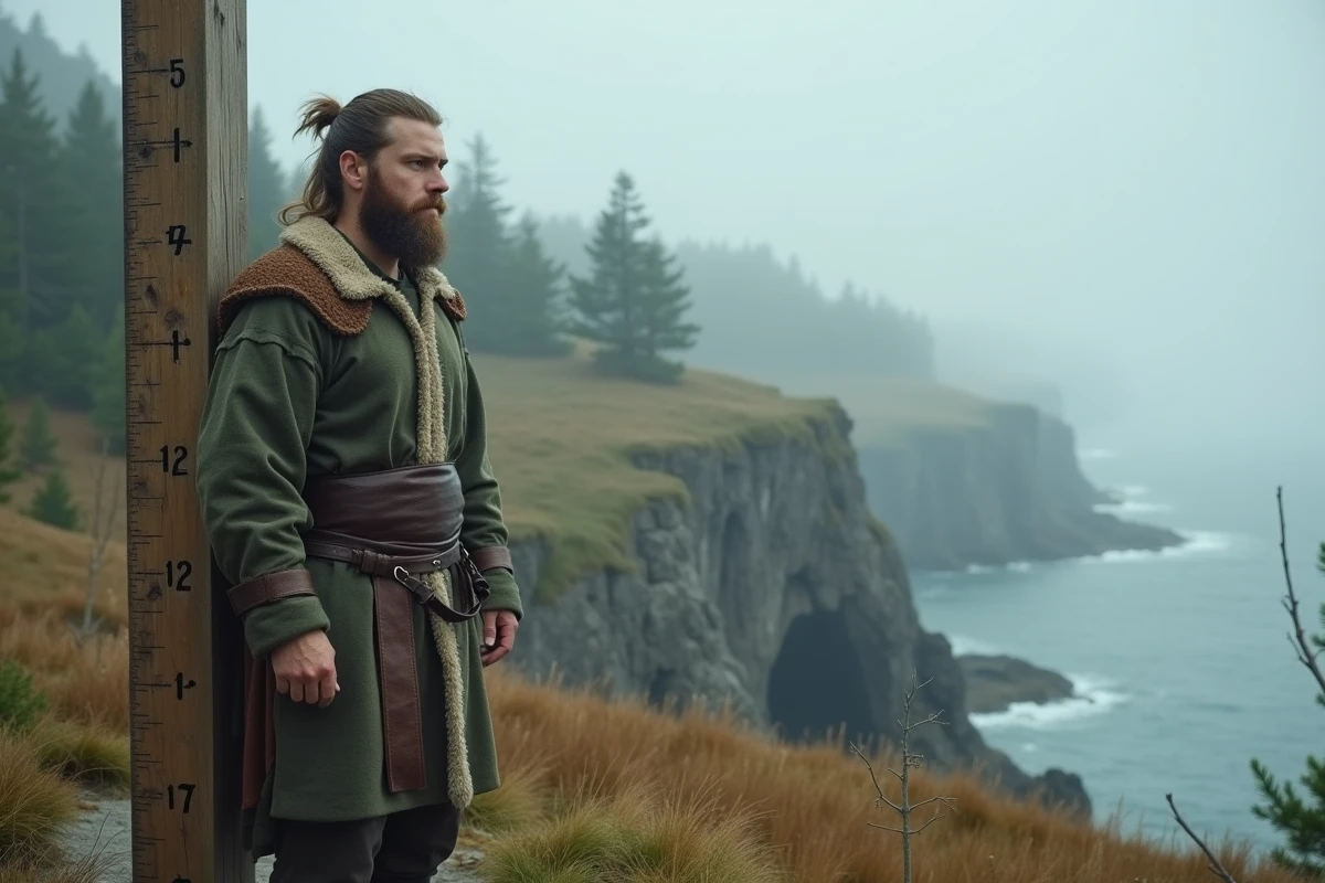 Reconstitution historique d'un homme de grande taille habillé en Viking debout près d'un poteau de mesure en bois ruinique sur une côte scandinave brumeuse