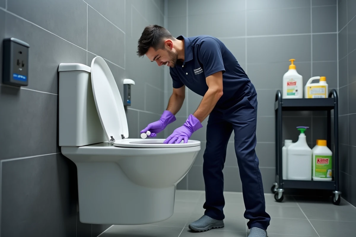 Technicien de nettoyage professionnel installant une pastille enzymatique dans le réservoir de chasse d'eau de toilettes de bureau