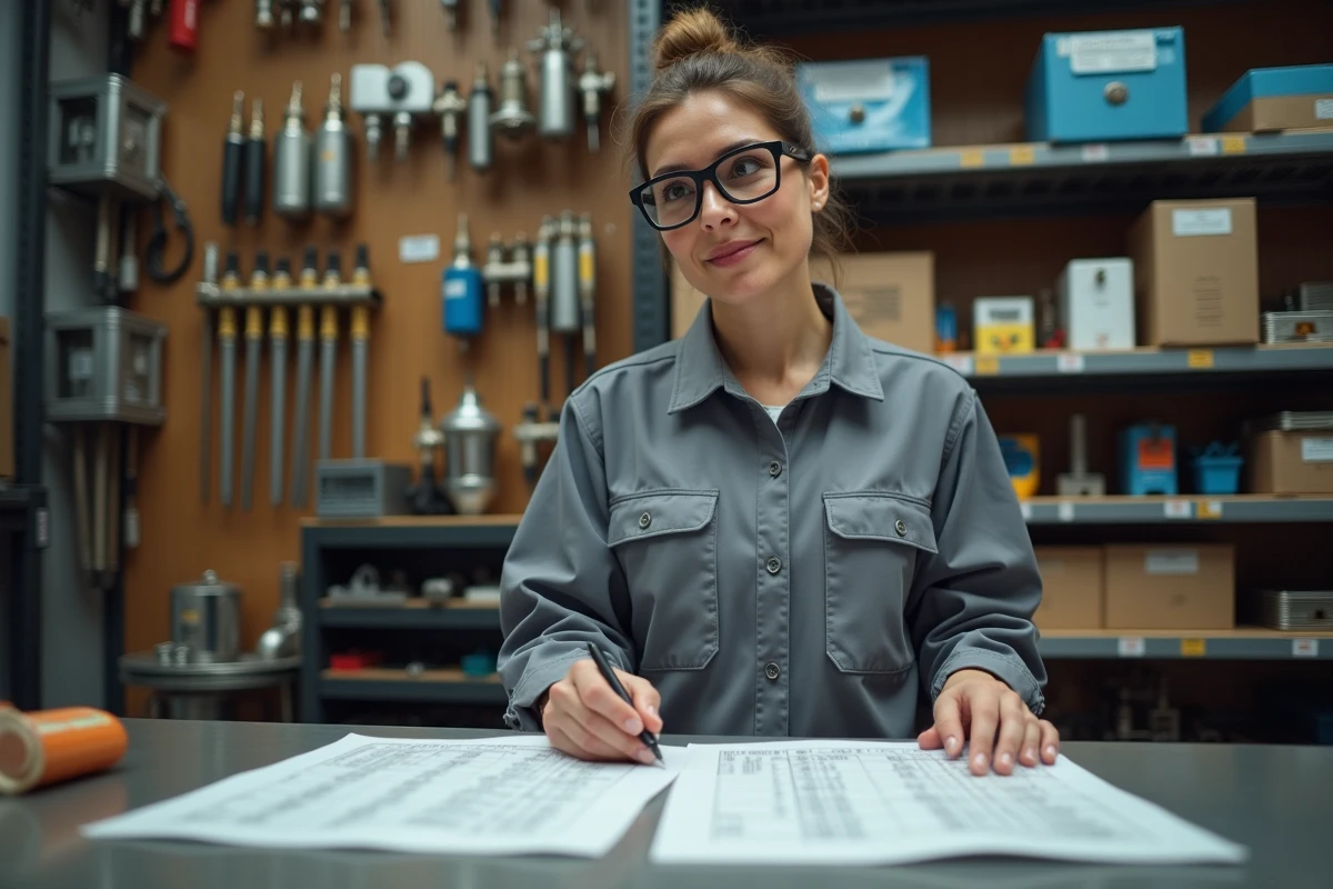 Technicienne comparant des fiches techniques de bouteilles de gaz dans un magasin de fournitures pour soudage