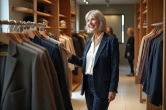 Femme de 65 ans élégamment habillée dans une boutique de vêtements, portant un blazer marine et un pantalon droit