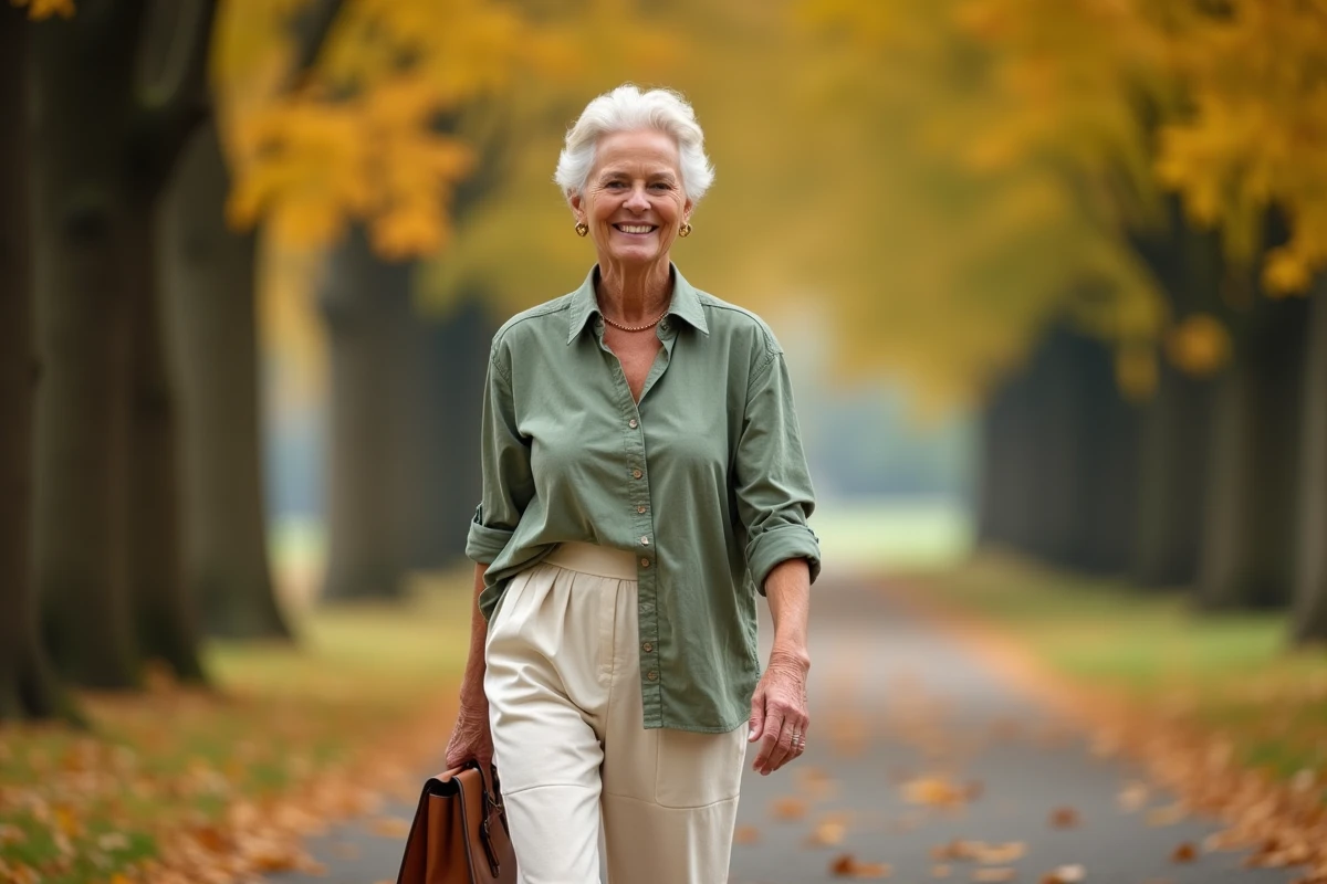 Femme élégante de 65 ans en chemise lin et pantalon large se promenant dans un parc en automne