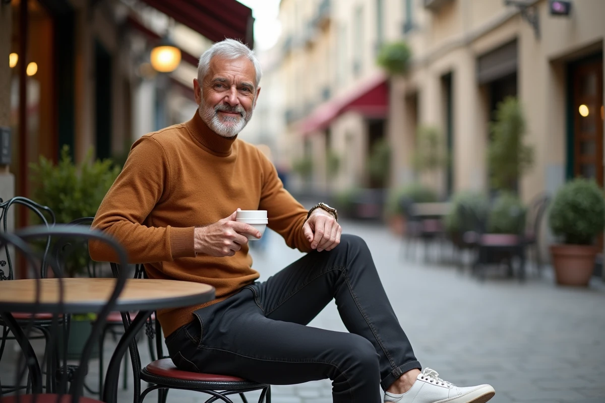 Homme de 65 ans stylé portant un col roulé camel et un chino foncé, assis en terrasse de café