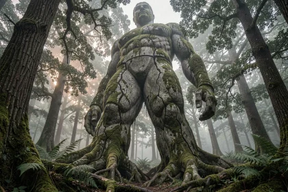 Titan primordial colossal émergeant d'une forêt ancienne brumeuse, recouvert de mousse et de fissures millénaires, symbolisant la puissance des titans primordiaux
