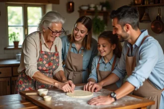 Transmission culturelle intergénérationnelle autour d'une table de cuisine familiale, grand-mère enseignant la cuisine traditionnelle à sa petite-fille