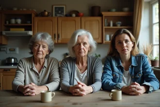 Trois femmes de différentes générations assises autour d'une table en bois, illustrant le trauma transgénérationnel familial