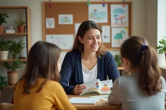 Travailleuse sociale attentive accompagnant un jeune en situation de vulnérabilité dans un centre d'aide communautaire chaleureux