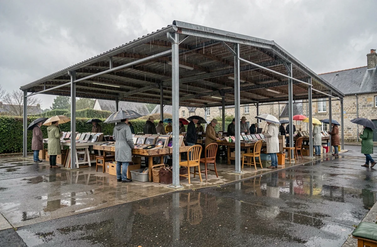 Marché de troc et puces sous abri par temps de pluie dans une ville du Morbihan en Bretagne