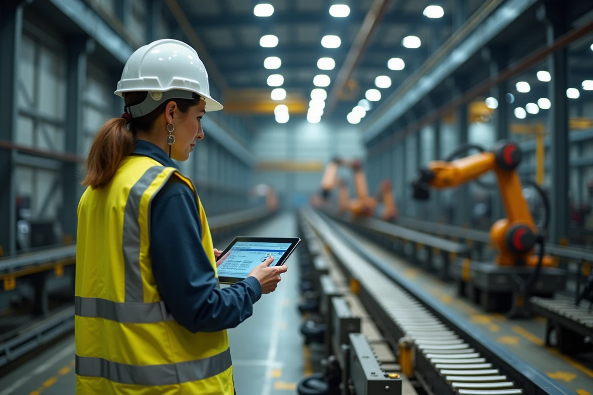 Technicienne surveillant des capteurs IoT industriels sur une tablette dans une usine de fabrication