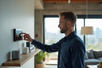 Ingénieur examinant un panneau de contrôle maison connectée entouré d'appareils IoT grand public