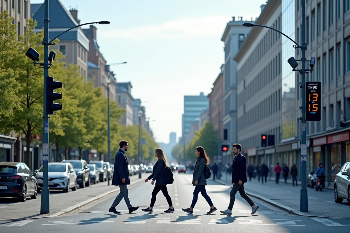 Infrastructure IoT urbaine avec capteurs de trafic et panneaux connectés dans une rue de ville intelligente