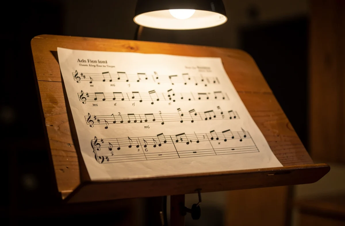 Une partition de musique avec des notes noires sur un pupitre