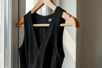Une robe noire sur un cintre près d'une fenêtre