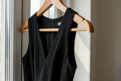 Une robe noire sur un cintre près d'une fenêtre