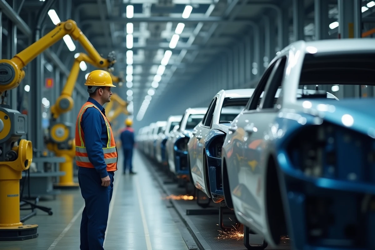 Chaîne d'assemblage automobile dans une usine moderne avec des robots et des ouvriers en uniformes travaillant sur des carrosseries de voitures