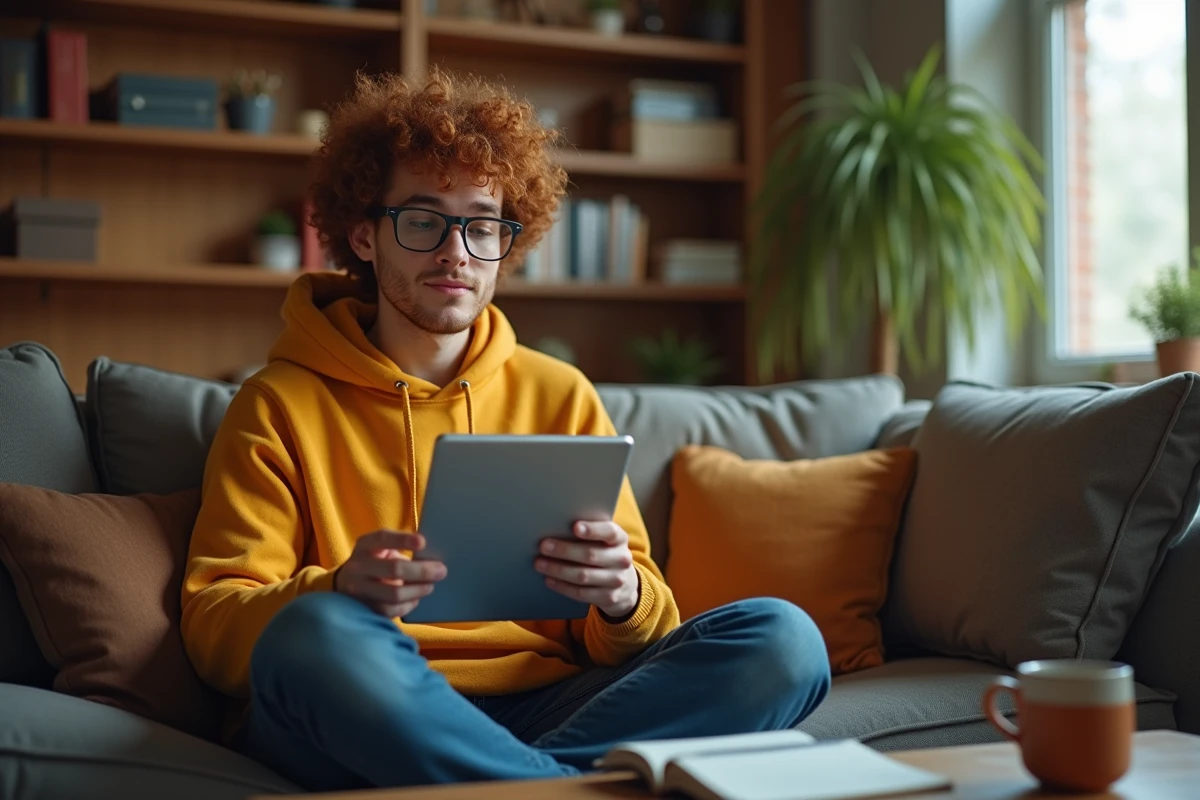 Une jeune personne utilise une interface de chatbot propulsée par un LLM sur une tablette, installée confortablement dans un bureau à domicile