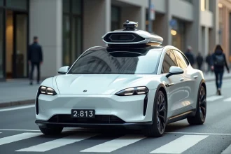 Véhicule autonome équipé de capteurs LiDAR et de caméras dans un environnement urbain