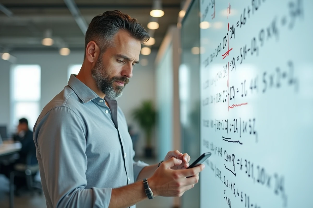 Homme analysant un calcul de nombre de jours depuis la naissance sur un tableau blanc dans un bureau moderne
