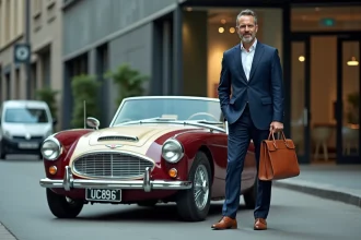 Homme en costume devant une voiture de collection garée devant un immeuble de bureaux moderne en ville