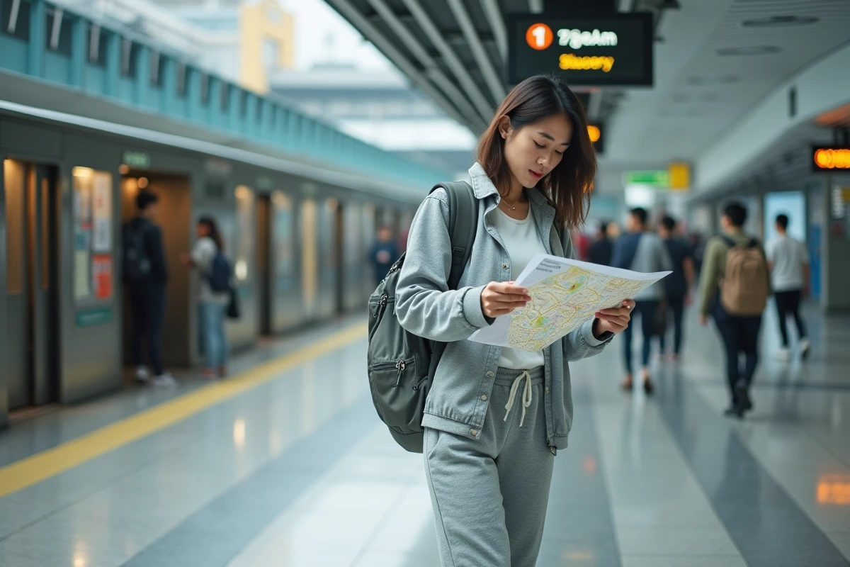 Voyageuse seule consultant une carte dans une ville asiatique réputée pour sa sécurité