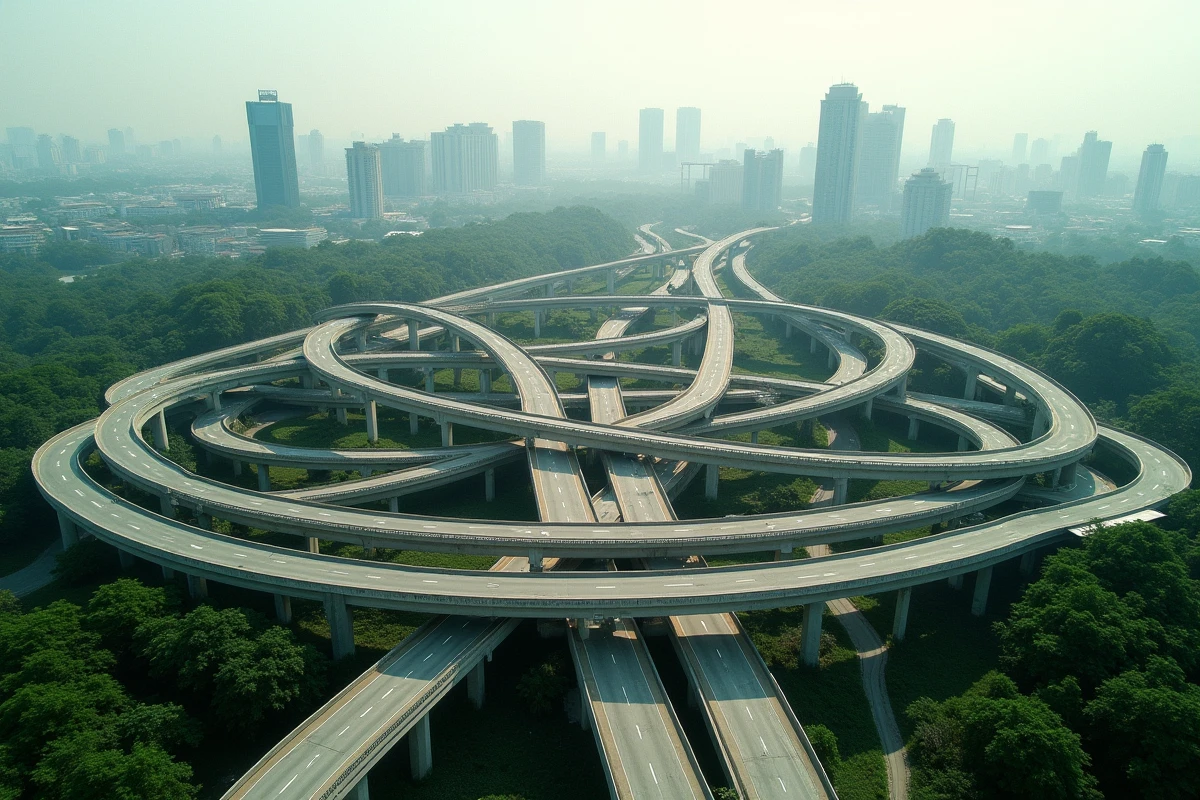 Vue aérienne d'un échangeur autoroutier complexe en Asie du Sud-Est, illustrant les infrastructures routières coûteuses