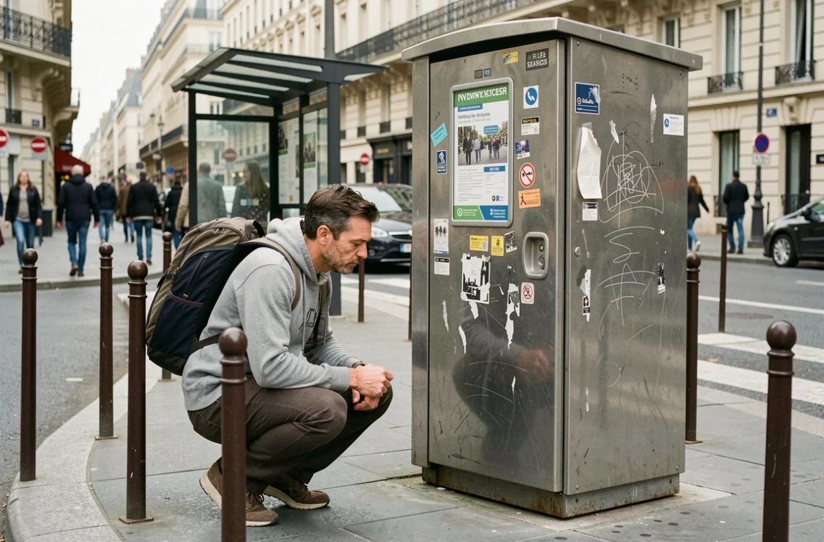 Voyageur lisant le panneau tarifaire d'un WC public automatique dans la rue