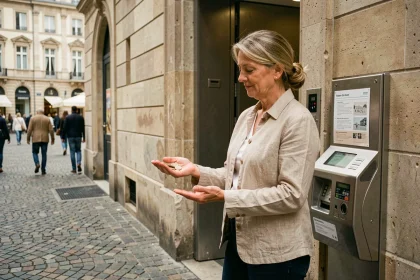 Femme tenant des pièces de monnaie devant l'entrée payante d'un WC public en ville